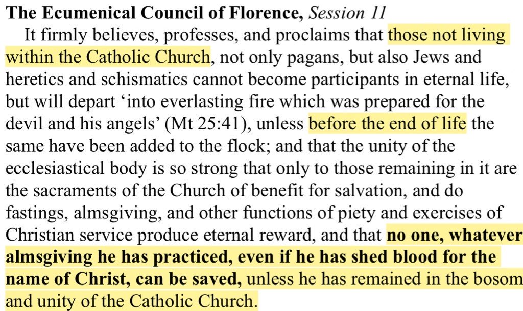 <a href="/NukeyMcMeltface/">Nukey</a> <a href="/RussianPapist/">Daniel F.✝️🇷🇺❤️‍🔥</a> Can you show me where in the Council of Florence it speaks to baptism of desire, please? 

Because I’ve known the particular passage he referenced for a while now, and it is an exceptionally clear, strong, and well specified formulation without anything suggesting the contrary in