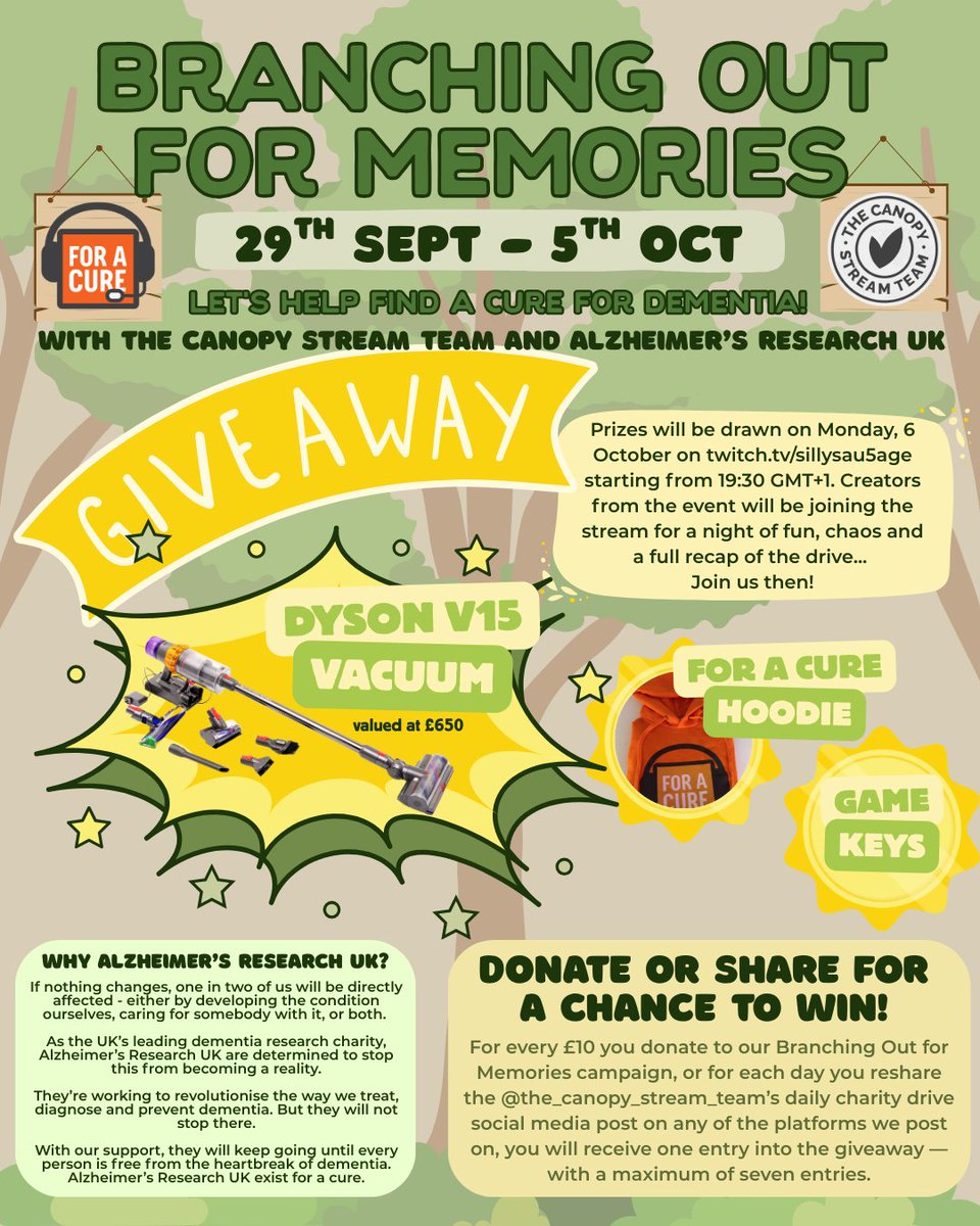 🚨 Our fundraising event for <a href="/AlzResearchUK/">Alzheimer's Research UK</a> kicks off Monday!🚨
Full team of fundraisers to be revealed day one!
Win prizes incl. a Dyson V15 (£650!)🎁
👉 Share our daily posts (29 Sept–5 Oct) = 1 entry/day
👉 £10 donation = 1 entry
👉Max 7 entries per person
Don’t miss out! 💜