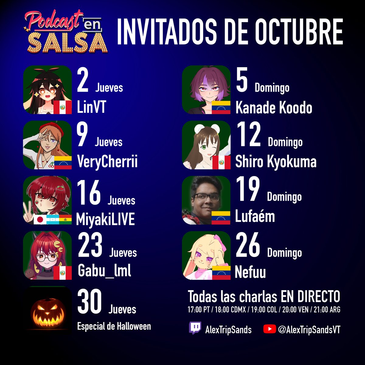 ¡YA TENEMOS EL LINEUP DE OCTUBRE!
El #PodcastEnSalsa sigue trayendo invitados espectaculares, con buenas historias y montones de anécdotas...
Y sin contar que el Especial de Halloween tendrá a varios colaboradores. 
¡Gracias por darle apoyo a este espacio!