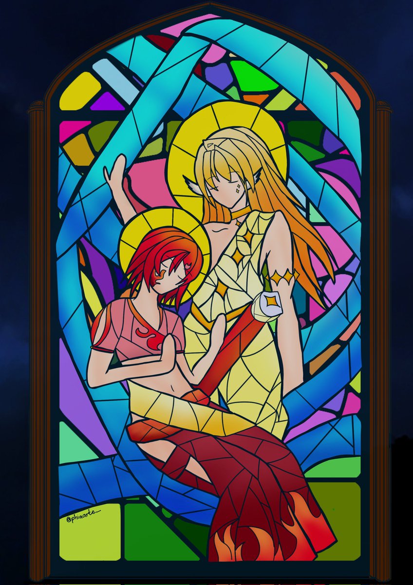 Hello everyone! I once again contributed for this year's holostars zine, #OnceUponAStarZine!

This year, I have HanaKishi as Gods of Destruction (flame) and of Creation (Iight), respectively, in stain glass art style! #artph #みやびじゅつ #騎士絵画 #holostarsart #fanart