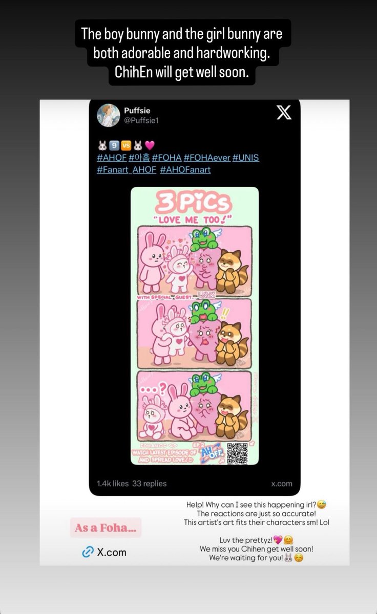 elisia's mom: "Help! Why can I see this happening irl? .... We miss you Chihen get well soon! We're waiting for you!"

chihen's dad: "The boy bunny and the girl bunny are both adorable and hardworking.
ChihEn will get well soon."

aww such a supportive parents of our bunnies 🥹