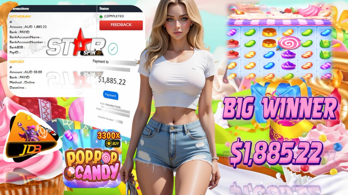 ✨ StarSpin996 – Australia’s #1 E-Wallet Platform! 🇦🇺
🌟 Congratulations to our Lucky Star! 🌟
🔥 Another big win from our trusted platform!
🎮 Platform: JDB
🎰 Winning Game: POPPOP CANDY
💰 Deposit: A$ 50.00
💵 Withdraw: A$ 1,885.22
💎 Your big break could be next!💎
