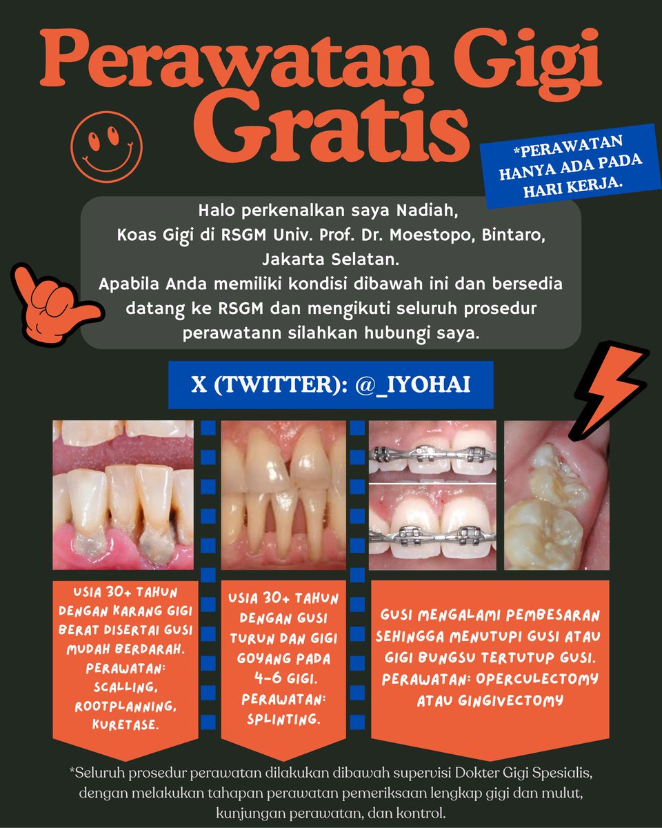 _iyohai's tweet photo. Halo warga jakarta dan sekitarnya yang lagi butuh perawatan gigi gratis yang sesuai dengan poster ini, boleh dm akuu, siapa tau gigi kamu bisa aku rawat!😄

#sakitgigi 
#koasgigi 
#perawatangigigratis
#perawatansplinting
#koas #gigigoyang #jakartaselatan #bintaro
#wargajagawarga https://t.co/AzQGLA43sv