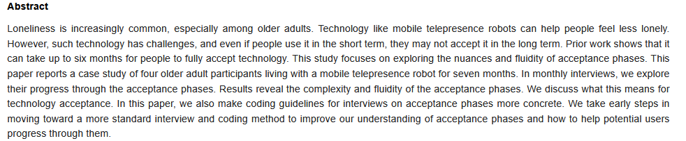 RoboticsMDPI's tweet image. 📖Temporal Progression of Four Older Adults through Technology Acceptance Phases for a Mobile Telepresence Robot in Domestic Environments 
✍  By Rune Baggett, Martin Simecek, Katherine M. Tsui and Marlena R. Fraune
👉 mdpi.com/2218-6581/13/7…
#Robotics  #telepresence