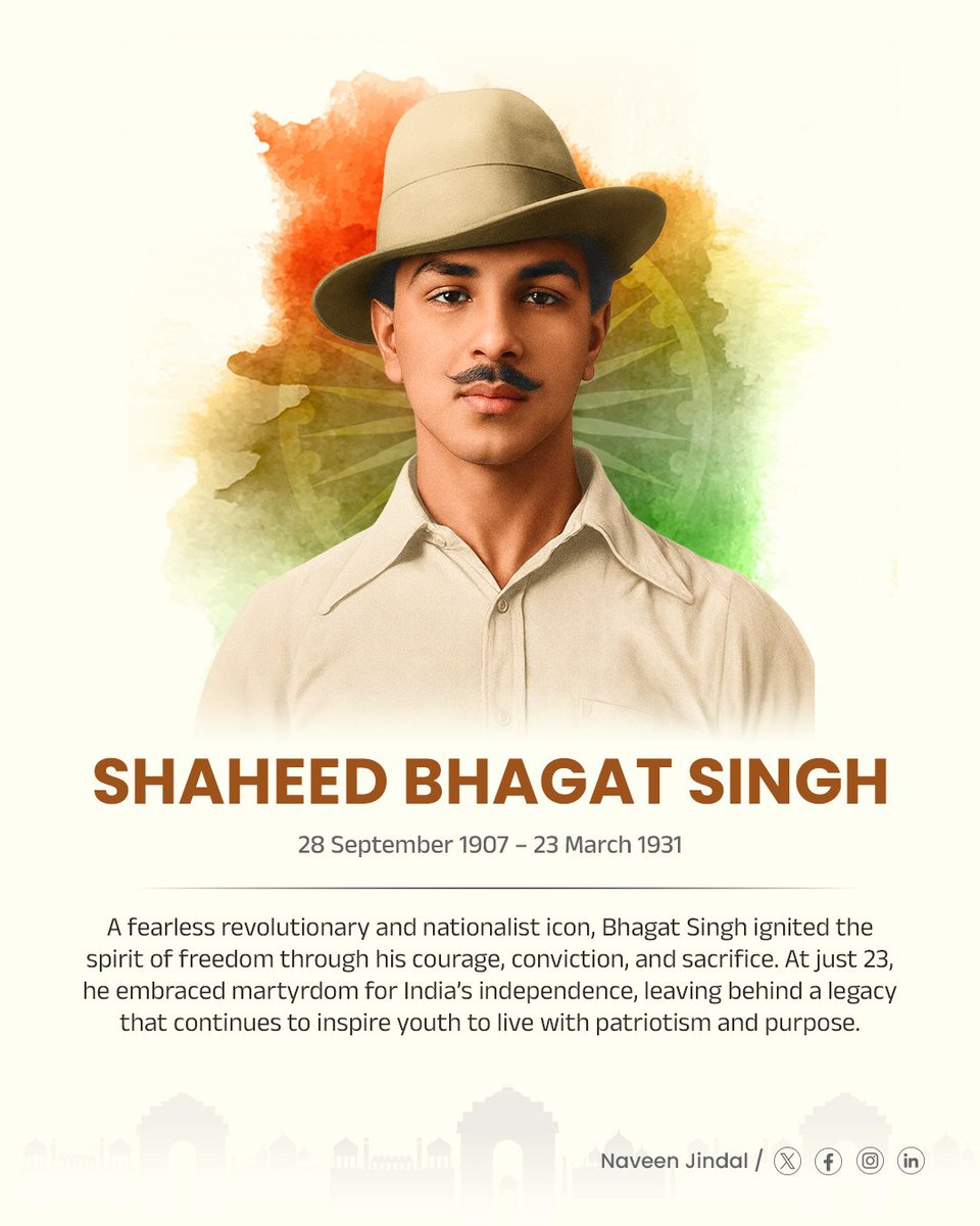Remembering Shaheed-E-Azam Bhagat Singh on his jayanti. He devoted his life to India’s freedom at a very young age and became an eternal symbol of courage and sacrifice. 

May his ideals of patriotism and justice continue to guide and inspire our youth. 🙏