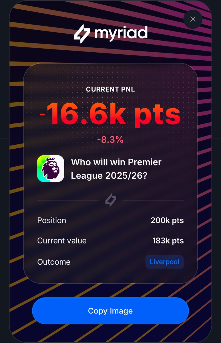 _daniyyel's tweet image. To be fair, the @MyriadMarkets PNL card is cool, I never for once imagined we needed it. My first bet after back to back USDC market losses and Liverpool is fuckin me?