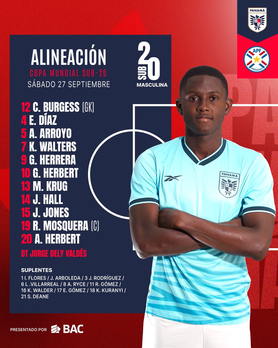 LOS ELEGIDOS de #PANAMÁ!! 

Así sale #PanamáSub20🇵🇦 en su debut 🆚 #Paraguay 🇵🇾 en el grupo 🅱️ del #MundialSub20 #Chile  2025 🏆.
#FIFA  

🇵🇾🆚🇵🇦
⏰ 6pm
🏟️ Elías Figueroa