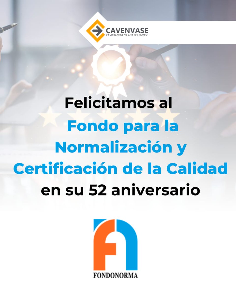 CAVENVASE felicita a FONDONORMA por su 52 aniversario, destacando más de medio siglo de compromiso con la calidad y la excelencia en las normas venezolanas. 

¡Gracias por su labor incansable en elevar los estándares de nuestra industria y contribuir a la calidad en el país!