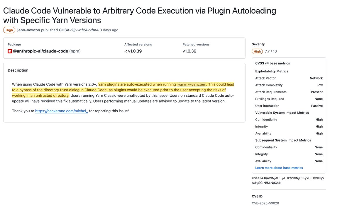 CVE-2025-59828: Be sure to update your claude-code installs! Bypass of the directory trust dialog. <a href="/AnthropicAI/">Anthropic</a> github.com/anthropics/cla…