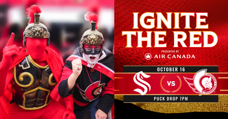 Senators's tweet photo. The waters intensify as the Sens face-off against the Seattle Kraken on Oct. 16.&amp;nbsp;Celebrate Ignite the Red Night, presented by Air Canada, and catch the first-ever appearance of the NEW alternate jersey!