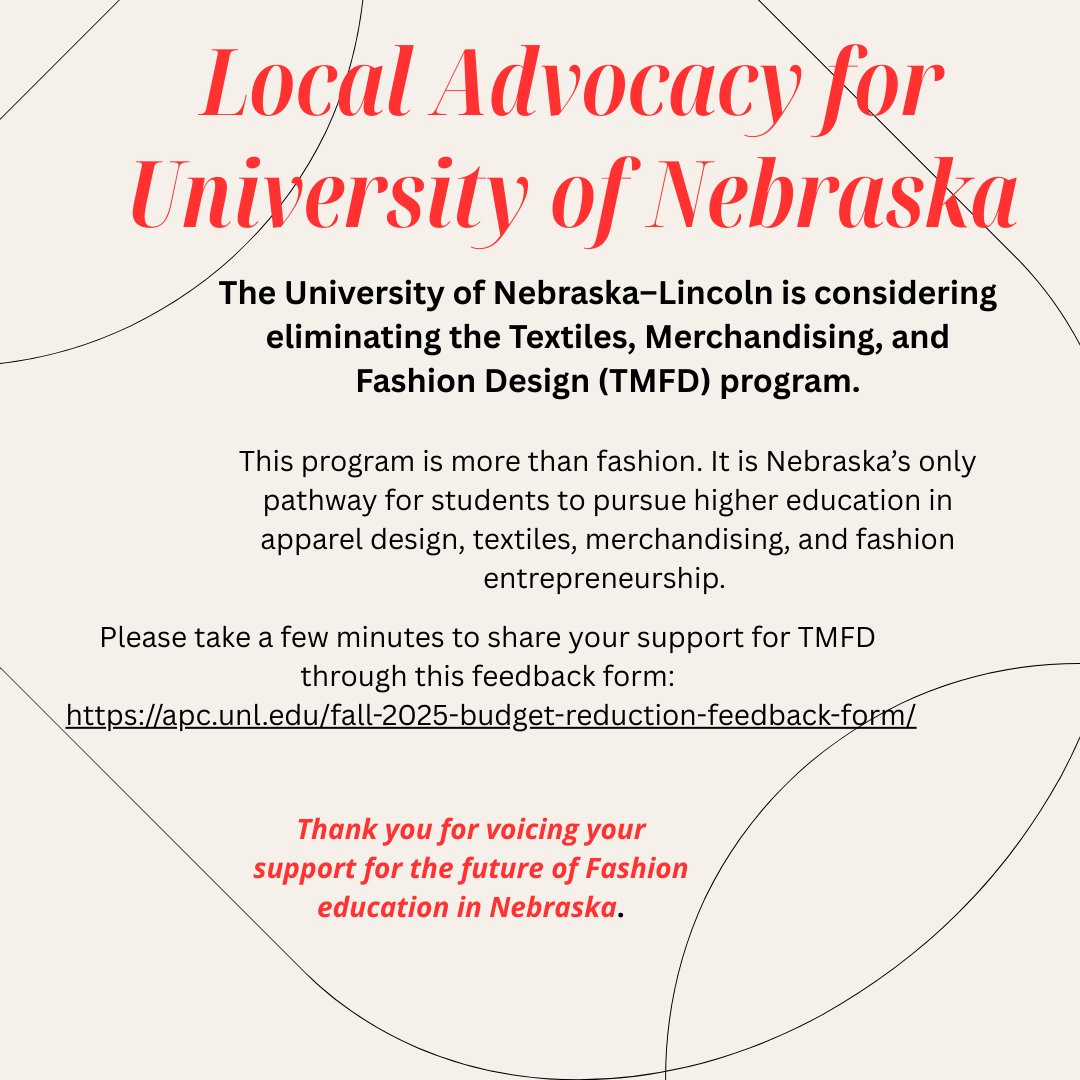 The University of Nebraska–Lincoln is considering eliminating the Textiles, Merchandising, and Fashion Design (TMFD) program.

Please take a few minutes to share your support for TMFD through this feedback form: apc.unl.edu/fall-2025-budg…