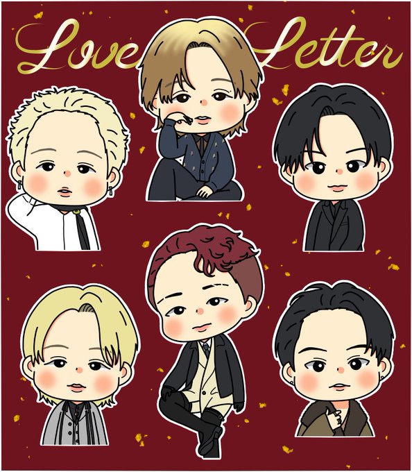 Six chibi-style cartoon characters with distinct hairstyles and outfits, including blonde, red, and black hair, wearing formal attire like suits and ties. The background is red with gold stars, and the text "Love Letter" is written in cursive at the top.