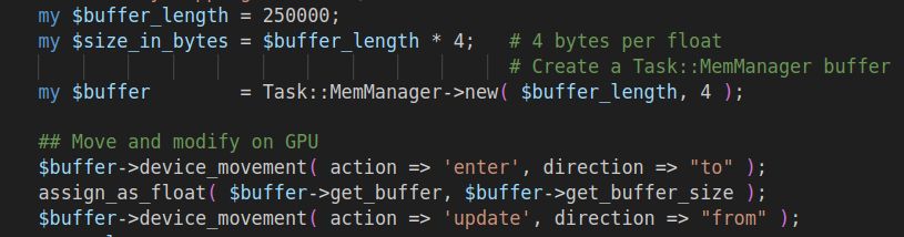ChristosArgyrop's tweet photo. Teaser : movement to, modification at and movement from, of #Perl Scalars in the GPU, leveraging https://t.co/TIM8vhbgRY to mix #PDL and #GPU calculations & coordinate memory mapping CPU ↔️GPU via #OpenMP. Functional code from the test suite of a package I am about to release https://t.co/LbNTprDwWg