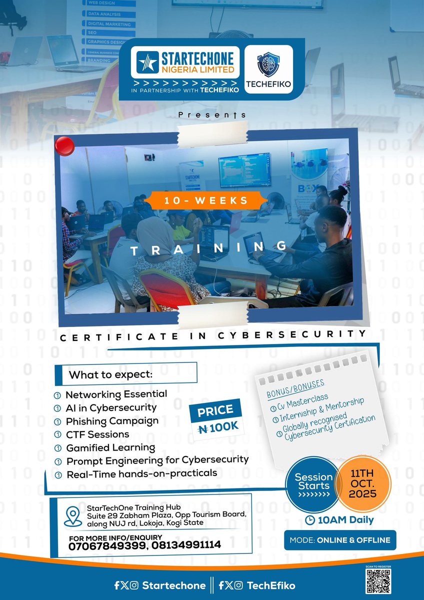 TechEfiko's tweet image. Hey Fam. 
Big things are loading… 🔥 On October 11, we kick off a 10-week cybersecurity adventure that’s all action live labs, hacking challenges, career perks &amp;amp; more.
chat.whatsapp.com/Dc3Il4P2zcKCgX…