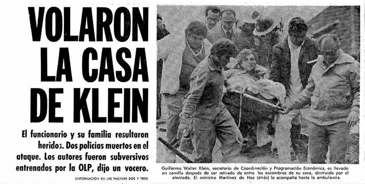 27SEP76 Cbo JULIO CARDACCI y Agte JULIO C MORENO (Pol Prov Bs As), asesinados x Montoneros mientras custodiaban la casa del Dr. W Klein, Secr de Economía; casa fue volada x bomba, Klein, esposa y 4 hijos (de meses a 12 años) rescatados entre los escombros, con heridas leves.