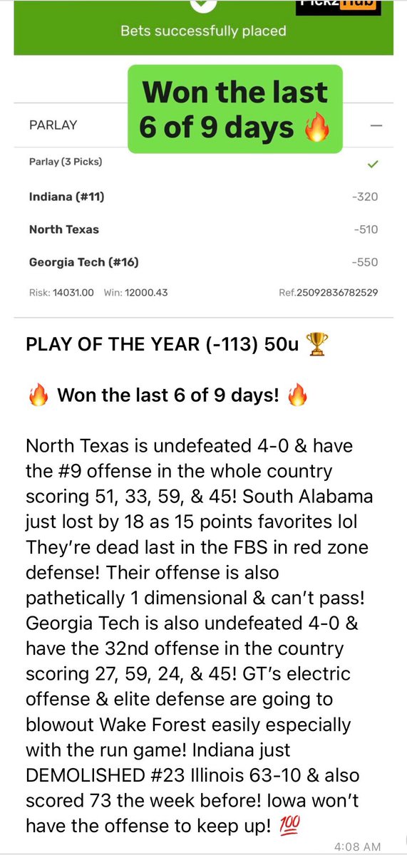 VIP HAS NOW WON THE LAST 7 of 10 DAYS!! 🤑

PLAY OF THE YEAR (-113) 50u 🏆✅ $26,031
NORTH TEXAS ✅
GEORGIA TECH ✅
INDIANA ✅

WE HAVE THE BIGGEST NFL LOCK TOMORROW MIGHT BE A LOCK OF THE CENTURY!!! 🔒👀
PickzHub.com