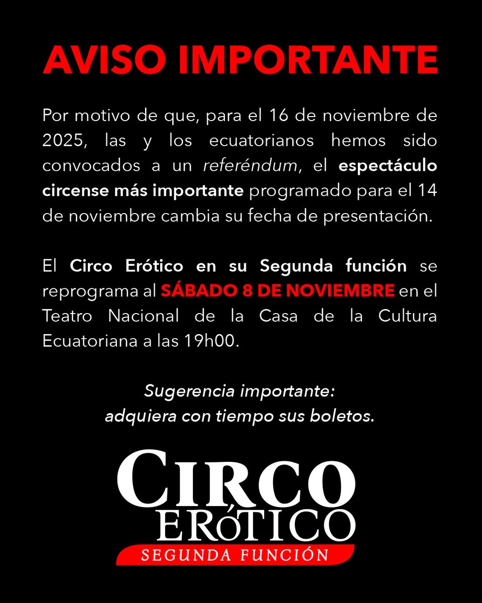 📆 Sábado 8 de noviembre de 2025 - 19h00.
📍Teatro Nacional – Casa de la Cultura Ecuatoriana.
🎫 Entradas  buenplan.com.ec/event/circoero…

#eventosquito #eventosquitoecuador #circo #circoparaadultos #showparaadultos #NocheDiferente #acrobacias #noviembre2025 #Referéndum2025