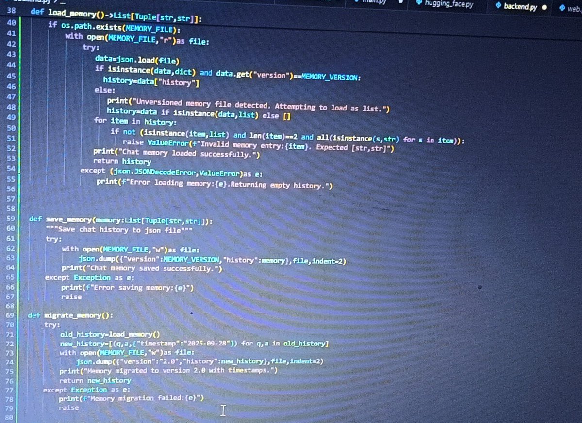 OpeyemiBolatit1's tweet image. Working on what @JohnWPellew mentioned  saving convo state to chat_memory.json, committing prompt versions, and adding schema migrations for memory. Would be adding user IDs so multiple users won’t share the same chat history.
#AI 
 #BackendDevelopment
#LangChain
#buildinpublic