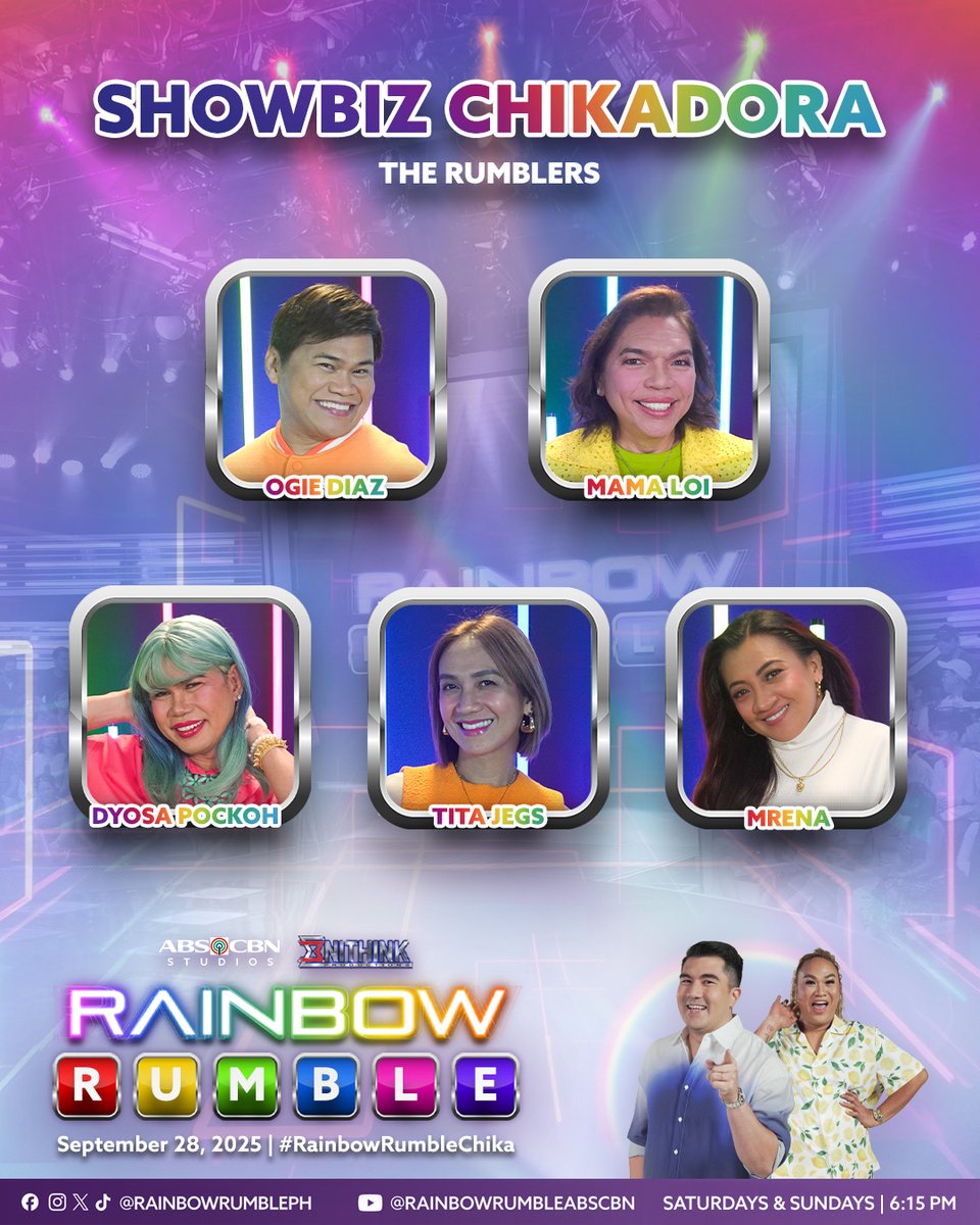 RainbowRumblePH's tweet photo. Uy, may blind item ako! Sino kina Mama Loi, Dyosa Pockoh, Tita Jegs, Mrena, at Ogie Diaz ang manaig sa Rally to the Top? #RainbowRumbleChika 🌈💪🏻

Abangan ang Showbiz Chikadora sa #RainbowRumble ngayong Linggo, 6:15PM sa Kapamilya Channel, Kapamilya Online Live, A2Z, at AllTV. https://t.co/yTSbtybovQ