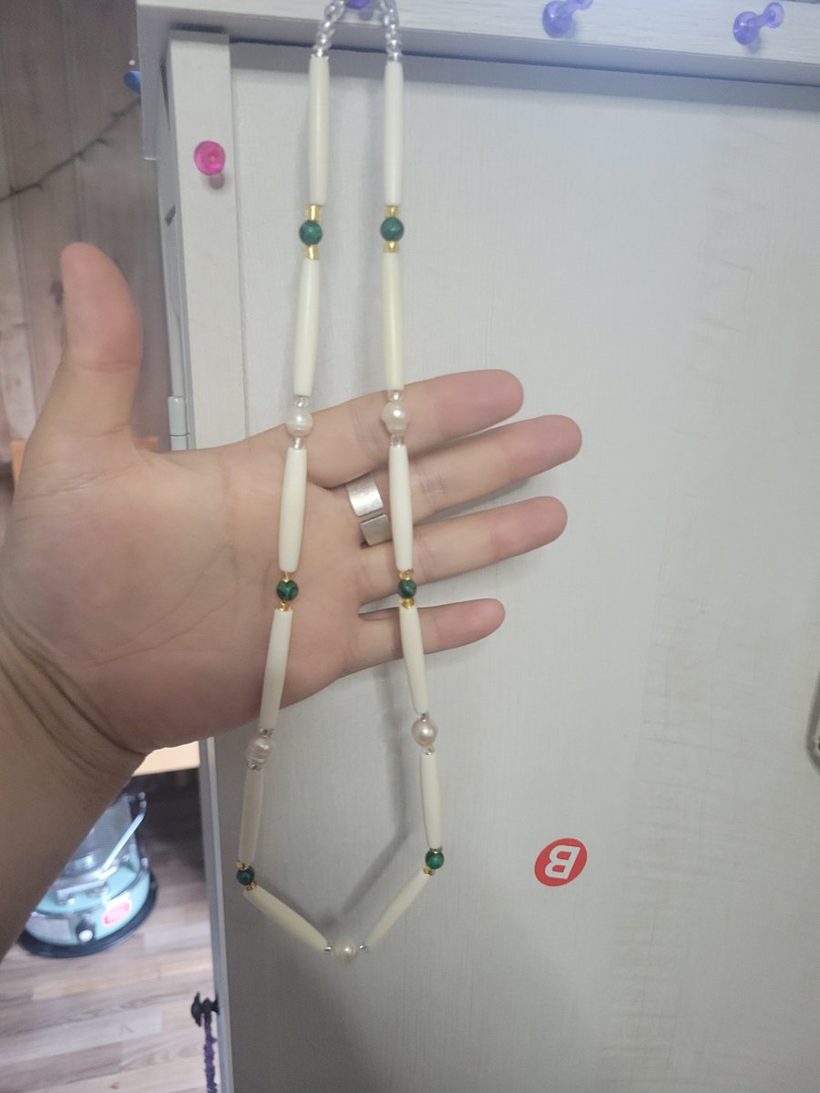 9x7 mm fresh water pearls and Malachite with gold and silver accents
