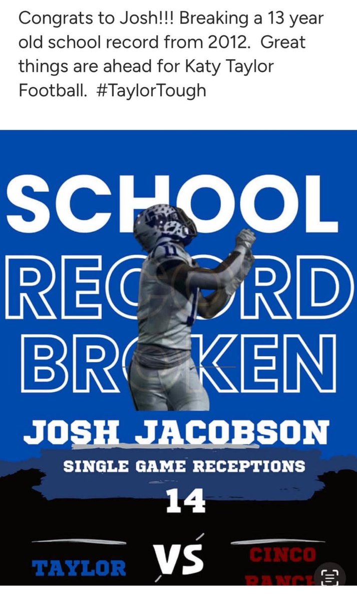 Had a great game against Cinco. New school record! Thank you <a href="/cbabin4437/">Chris Babin</a> and <a href="/TaylorMustangFB/">Katy Taylor Football</a> MFND! 14 receptions against Cinco Ranch Highschool.