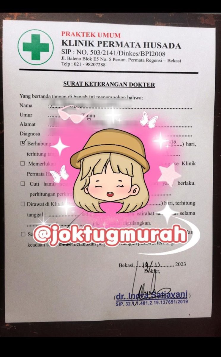Halo sayang surat sakit open lagi ya😍
Sakit dokter
Kontrol/berobat
Surat sehat 
Surat diagnosa
Resep obat
Rawat inap
Psikologi
Rujukan
Kwitansi/invoice
Hasil laboratorium
Surat lain request
✅Stempel basah (klinik / dokter)
✅Dokter sesuai fakes/rs
#zonauang #suratsakit