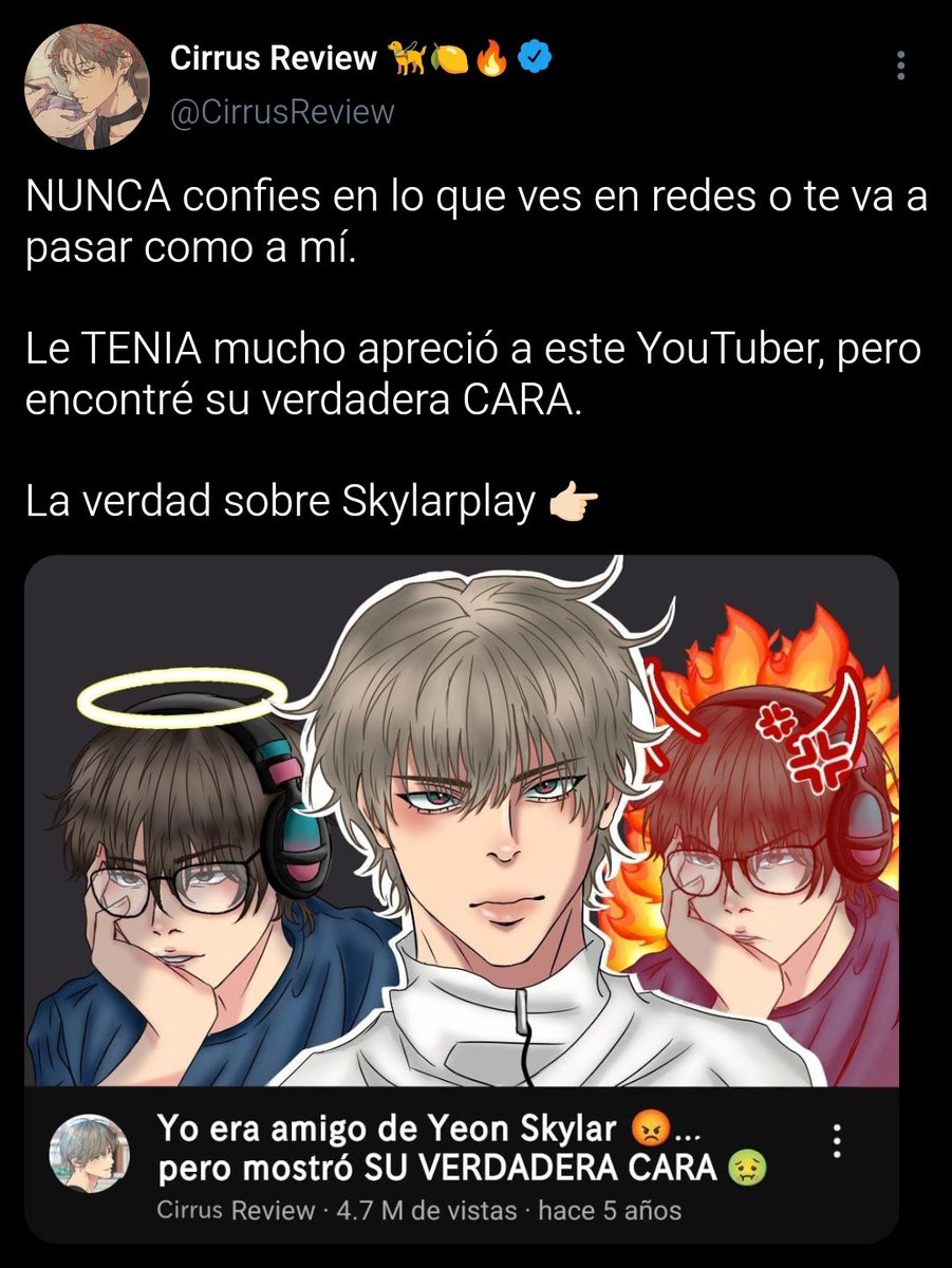 omegadechanil's tweet photo. — Skyrus au

Au donde Cirrus es un youtuber de críticas que funa a Skylar después de que uno de sus exs compañeros filtrara una llamada en discord.

O donde Skylar es funado por alguien que ni siquiera conoce... https://t.co/o4IKHB2slY