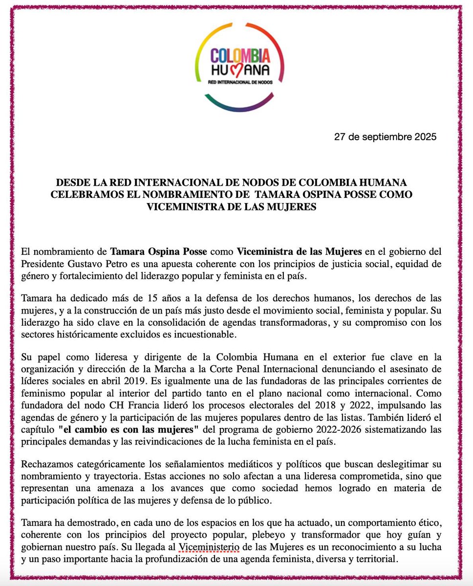 Desde la Red Internacional de Nodos de Colombia Humana celebramos el nombramiento de Támara Ospina Posse <a href="/OspinaPTamara/">Támara Matea Ospina Posse</a> como Viceministra de las Mujeres