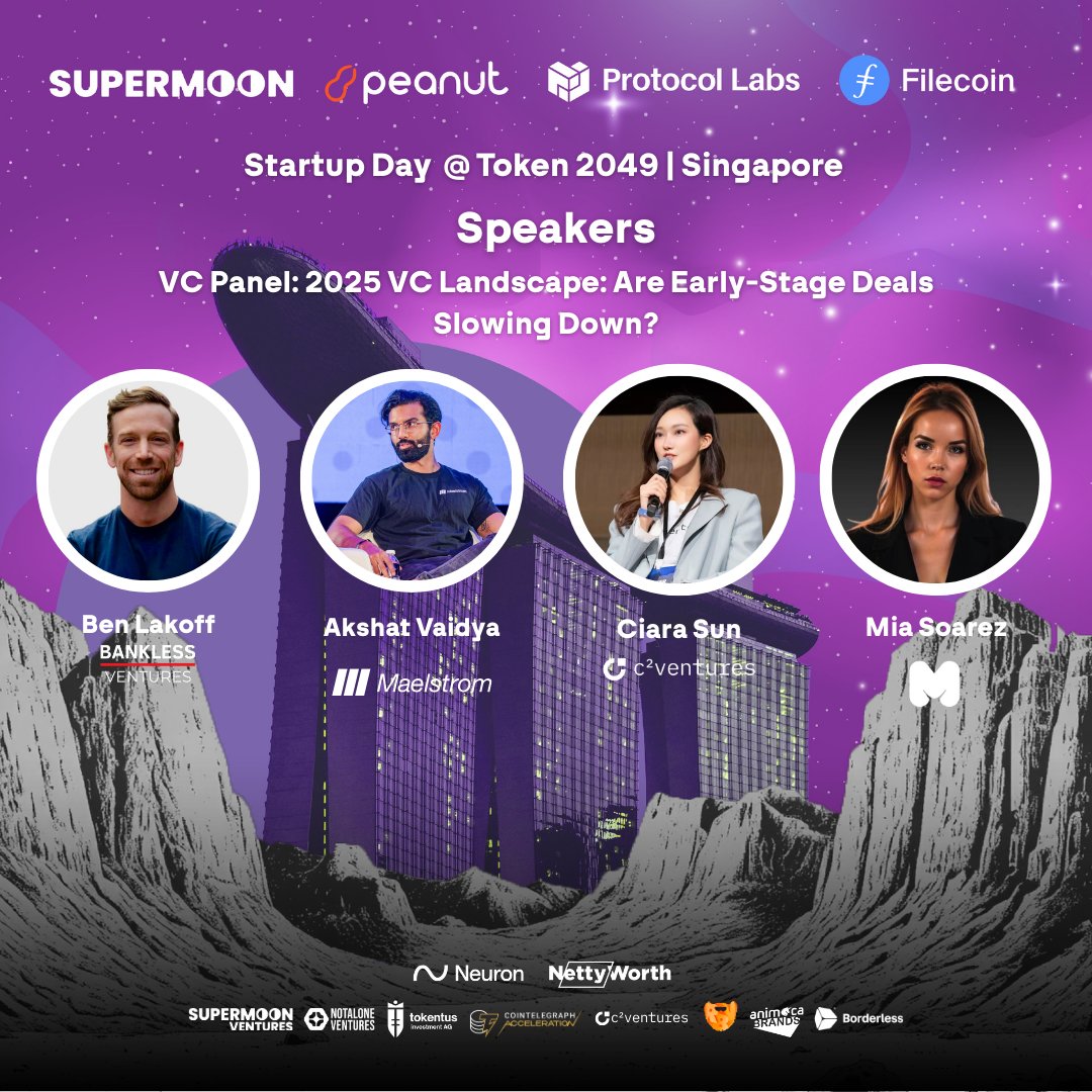 Supermooncamp's tweet image. At Startup Day, we’ll dive into a key question with top Web3 investors:
Is early-stage venture capital actually slowing, or just evolving?
Featuring:
🟣@Crypto_Ciara – Director at @CsquaredVC, driving DeFi adoption and global crypto investment.
🟣@benlakoff – GP at @BanklessVC,…