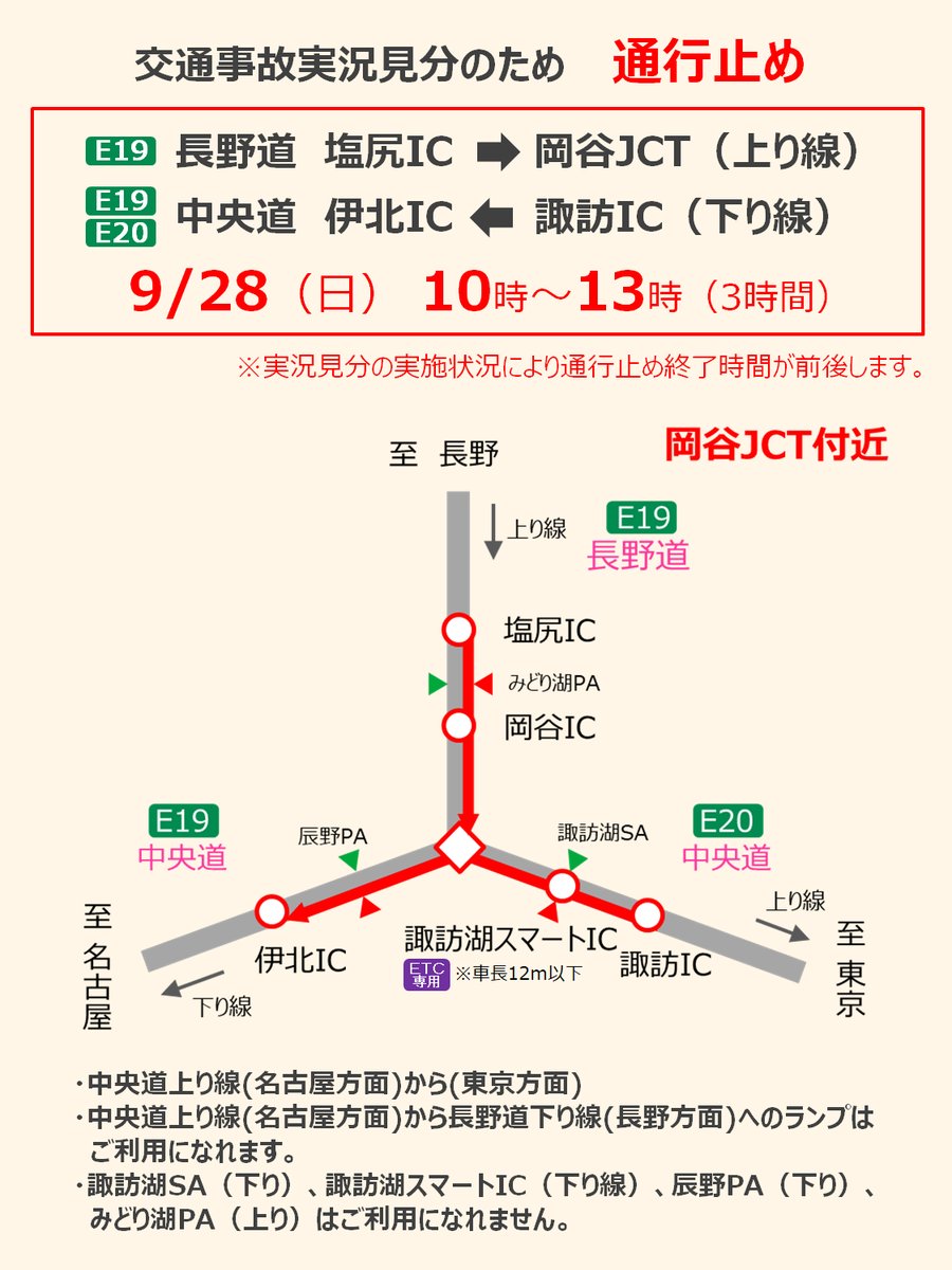 通行止め 開始のお知らせ】 長野県警の「交通事故実況見分」のため、9