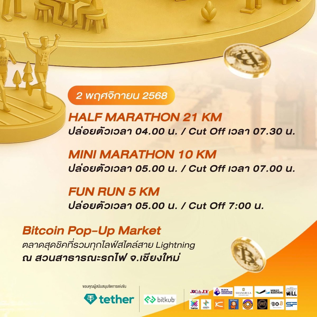 Over 300 confirmed Bitcoiners and more than 1200 others have registered for the world’s first Bitcoin Half Marathon. Even if you’re not a runner, but believe in freedom and a brighter future, come stand with us. Join us in Chiang Mai, Thailand, early morning on November 2.