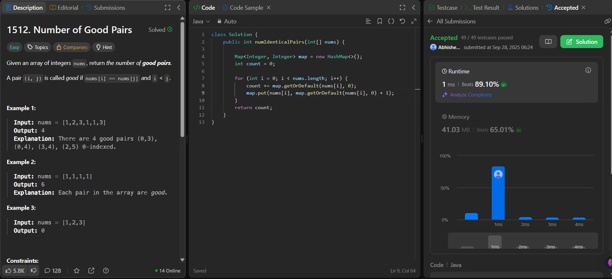 AbhishekGanesxn's tweet image. #100DaysOfCode #100daysofcoding
Day 86-
DSA : Number of Good Pairs✅,
Find Words Containing Character✅
Cohort(1 hour)✅