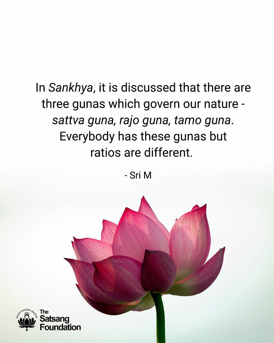 TheSatsangFoundationOfficial (@satsangtweets) on Twitter photo In Sankhya, it is discussed that there are three gunas which govern our nature - sattva guna, rajo guna, tamo guna. Everybody has these gunas but ratios are different.
For more daily quotes by Sri M, visit: bit.ly/30SLhOE. 
#SriMSpeaks #SriM #Quotes #QuoteOfTheDay In Sankhya, it is discussed that there are three gunas which govern our nature - sattva guna, rajo guna, tamo guna. Everybody has these gunas but ratios are different.
For more daily quotes by Sri M, visit: bit.ly/30SLhOE. 
#SriMSpeaks #SriM #Quotes #QuoteOfTheDay