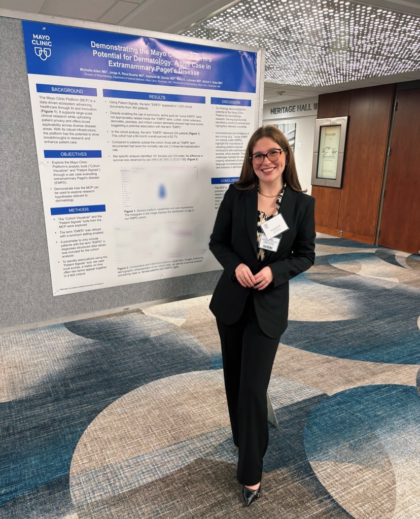 MicheAllen13's tweet photo. Honored to present my poster on the Mayo Clinic platform and its potential in advancing dermatology research and practice at the 34th Biannual O’Leary Meeting. Grateful for the ideas shared and connections made! @MayoClinic https://t.co/0FE6AgLXTQ