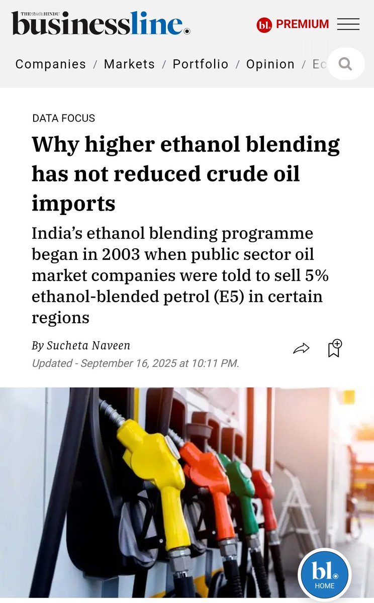 nachiket1982's tweet image. Slow claps 👏 for the Govt and the advocates of ethanol.
Arguments given to justify ethanol being forced into incompatible vehicles: 
1. It&apos;ll reduce crude imports
2. It&apos;ll benefit farmers

Reality:

1. Not just has the crude import not reduced (in fact it&apos;s growing at a pace…