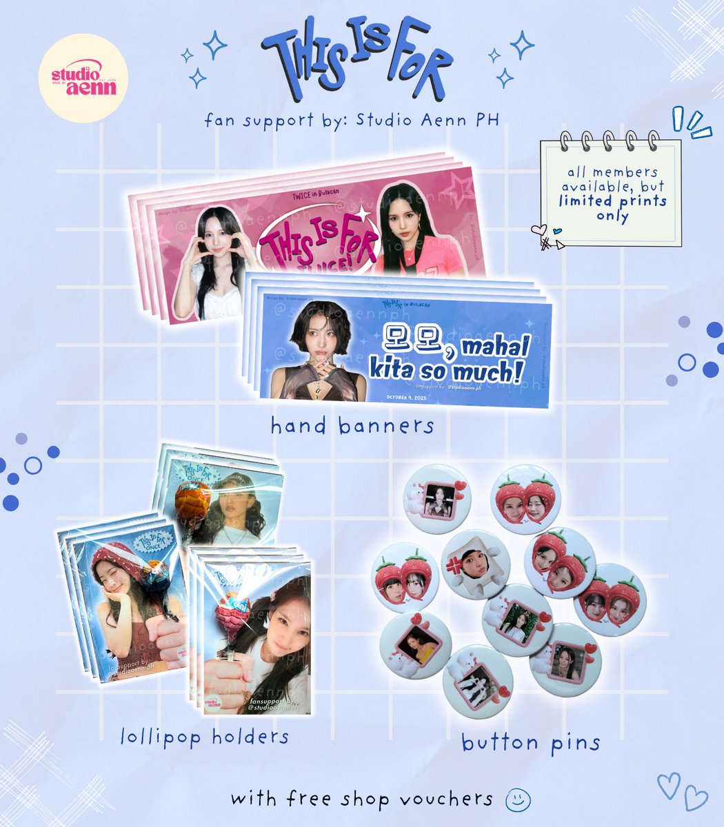 🌸TWICE: THIS IS FOR 💙 #madebyaenn 💫

⋆ mbf <a href="/studioaennph/">Studio Aenn PH 💌 | next stop: BLACKPINK Deadline</a> (show proof on d-day)
⋆ rt and like this twt
— time and loc: tba
— strictly 1:1 (limited qty only)

#TWICE #THISISFOR #ThisIsForBulacanFreebies
#TWICE_THISISFOR_WORLD_TOUR_BULACAN