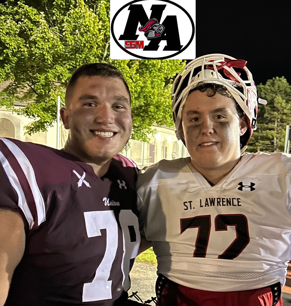 Former teammates &amp; KNIGHTS alum David Cooperstein and Finn Murphy got a chance to catch up after their matchup today #Uknight #STM @na_athletics <a href="/CerulloCoach/">Matt Cerullo</a> <a href="/UnionCollegeFB/">Union College Football</a>
