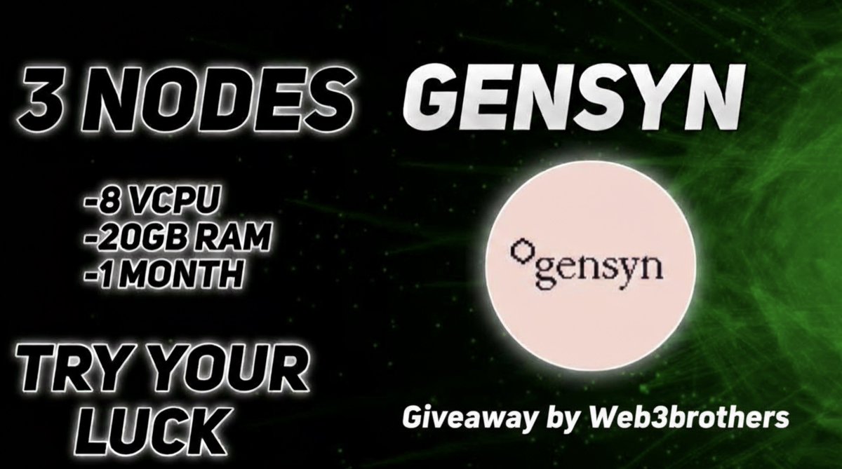 Web3Brothers.eth | 🧩 $BARD (@web3brothers) on Twitter photo Gensyn Node Giveaway 🔥
We are giving away 3 Gensyn Nodes (1-month access) absolutely FREE!
🗓 Duration 2 days (48 hours)
Steps to join👇
1️⃣ Create an account on : nodes.garden/s/WEB333
2️⃣ Follow : <a href="/nodes_garden/">nodes.garden</a> & @Web3brothers
3️⃣ Join our Discord: discord.nodes.garden Gensyn Node Giveaway 🔥
We are giving away 3 Gensyn Nodes (1-month access) absolutely FREE!
🗓 Duration 2 days (48 hours)
Steps to join👇
1️⃣ Create an account on : nodes.garden/s/WEB333
2️⃣ Follow : <a href="/nodes_garden/">nodes.garden</a> & @Web3brothers
3️⃣ Join our Discord: discord.nodes.garden