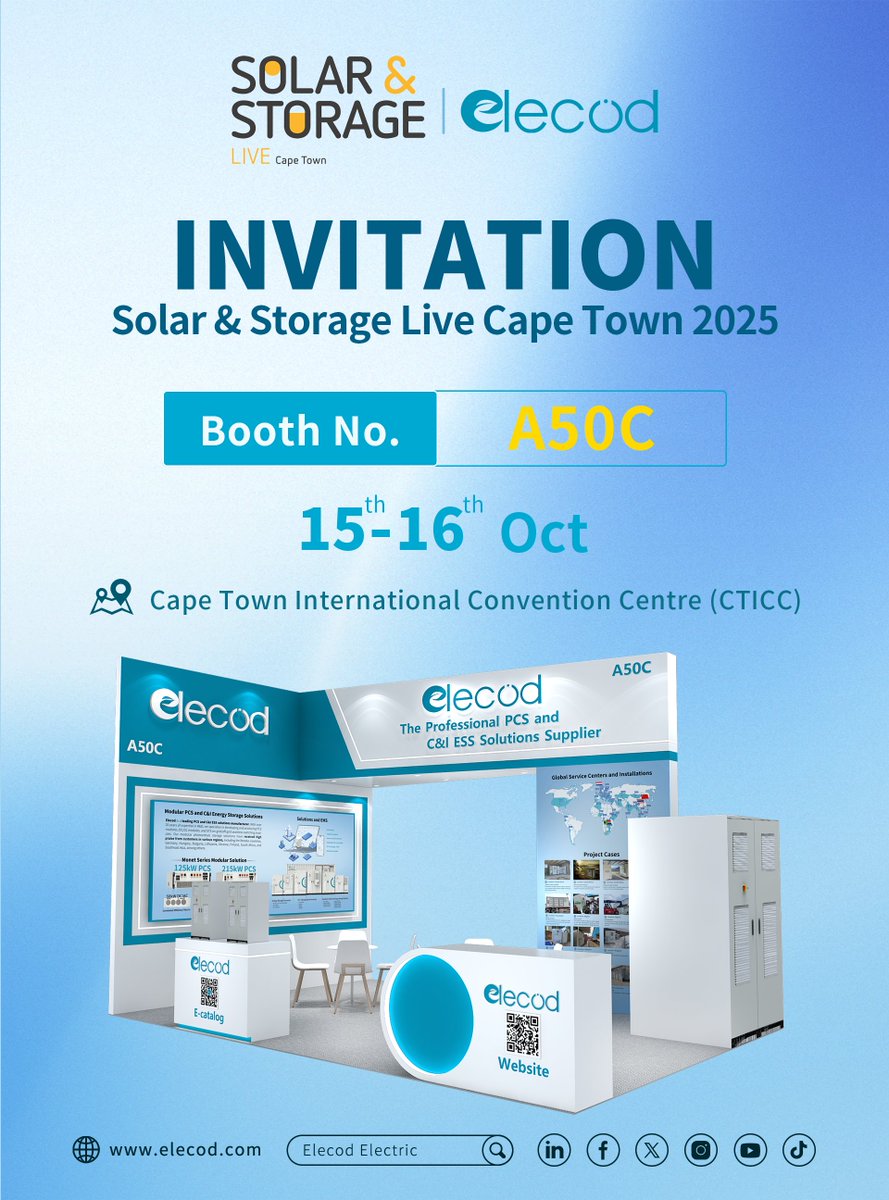 ElecodElectric's tweet image. 🚨 Meet us at Solar &amp;amp; Storage Live Cape Town 2025!
📅 15–16 October 2025
📍 Booth A50C | CTICC
🎟️ Get your FREE ticket now: secure.terrapinn.com/V5/step1.aspx?…

Join us to explore the future of solar, storage, and sustainability! ☀️🔋🌍
#SolarEnergy #EnergyStorage #CapeTownEvents #Renewables