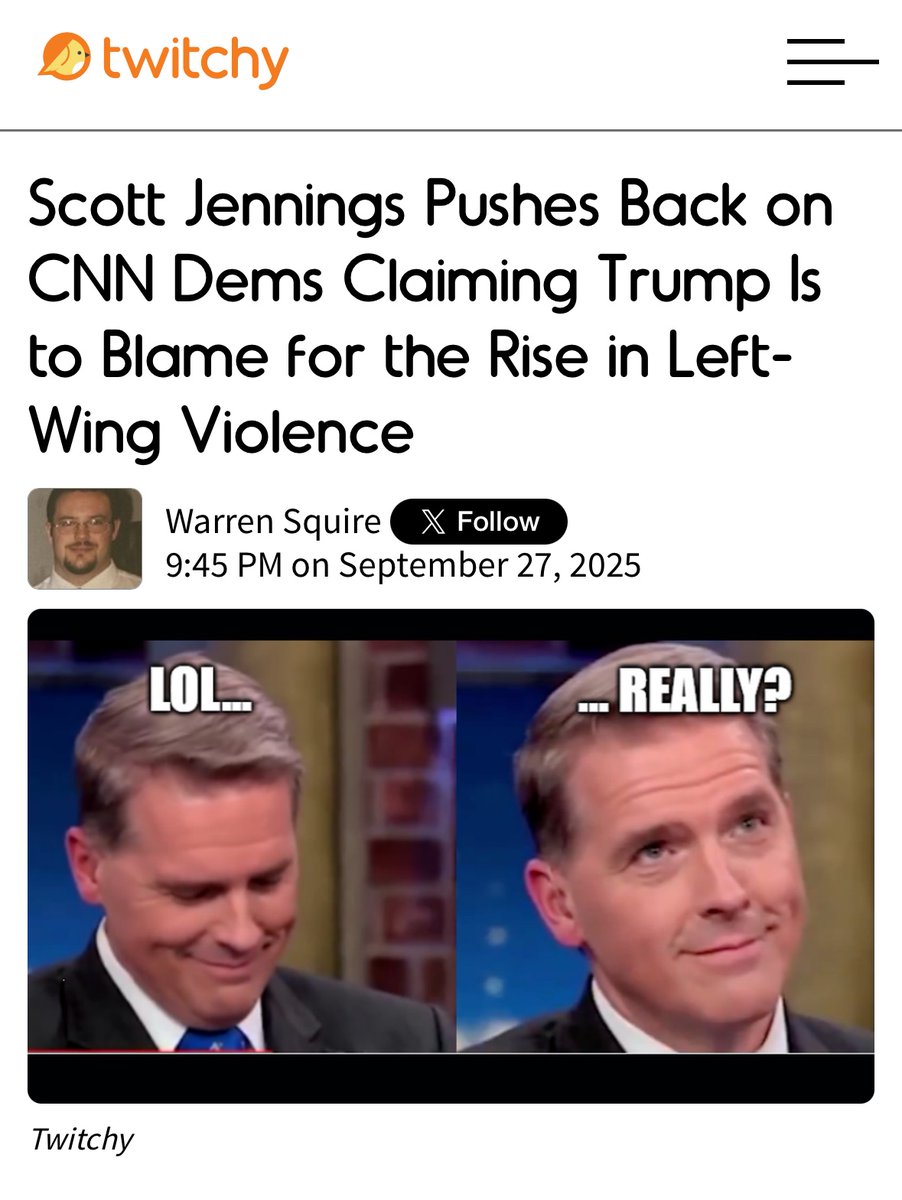 NEW&gt;&gt; Scott Jennings Pushes Back on CNN Dems Claiming Trump Is to Blame for the Rise in Left-Wing Violence

twitchy.com/warren-squire/…