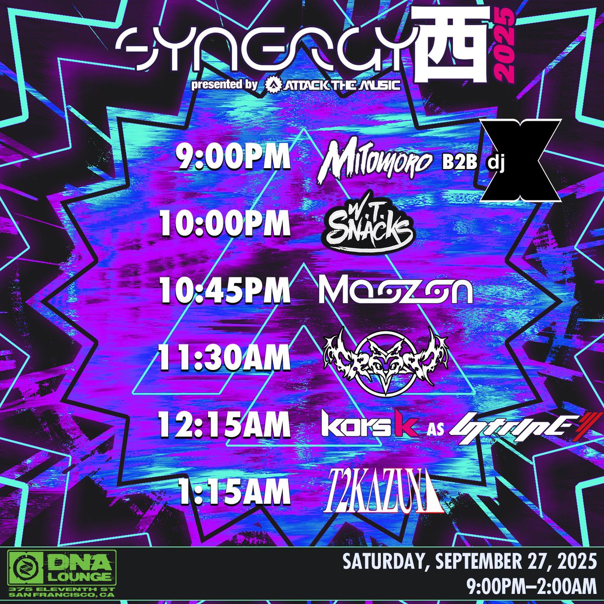 #Synergy西 in SF starts in 2 hours! Come catch the crew at DNA Lounge feat. a rare set from kors k under his StripE alias, the west coast debut!
and what's this, a wild djX joins Mitomoro to open?!

Tickets available at the door 🔥

TIMETABLE:
09:00PM <a href="/Mitomoro/">Mito is Back!! NEXT UP: SYNERGY WEST LA 9/26</a> b2b <a href="/djXyupthatsme/">djX</a>