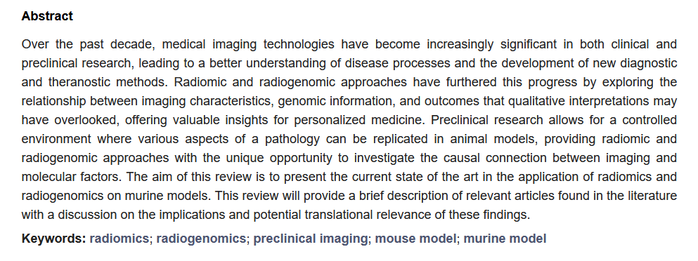 JPM_MDPI's tweet image. #mdpijpm

📰This review, "#Radiomics and #Radiogenomics in Preclinical #Imaging on Murine Models: A Narrative Review", aims to present the state of the art in the application of radiomics and radiogenomics on #murine models.

💟 Happy reading: mdpi.com/2075-4426/13/8…