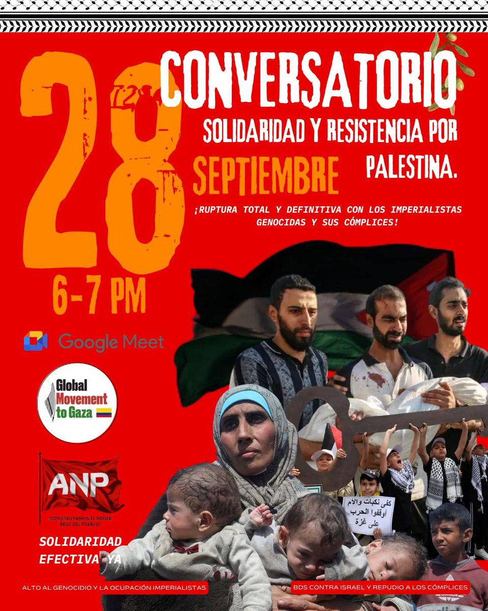 Conversatorio domingo 28 de septiembre, de 6 a 7pm, el link para asistir se estará rotando 10 minutos antes de las 6pm... (5:50pm). 
No faltes, todos somos la resistencia y solidaridad por la liberación de Palestina.
#Palestinalibre