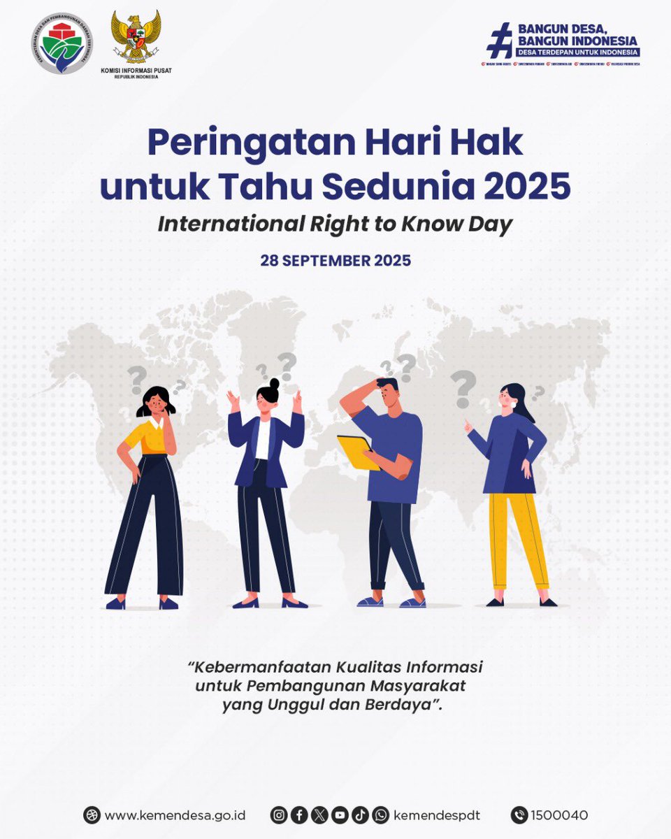 Selamat Hari Hak untuk Tahu Sedunia 2025🌍

#SobatDesa, peringatan ini menjadi pengingat pentingnya hak setiap orang untuk memperoleh informasi sebagai landasan transparansi dan akuntabilitas publik.