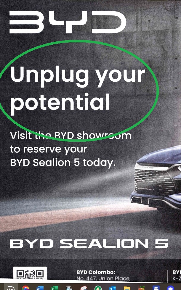rangaba's tweet photo. Second day running, BYD tells you to ‘unplug your potential’. Apparently that means swapping EVs for hybrids like the Sealion 5 with its 1,500cc engine. Quite the motivation to dump EVs and Build Your Dreams with 'green' gasoline. Unplug potential, plug in petrol. https://t.co/xTiXJph41i