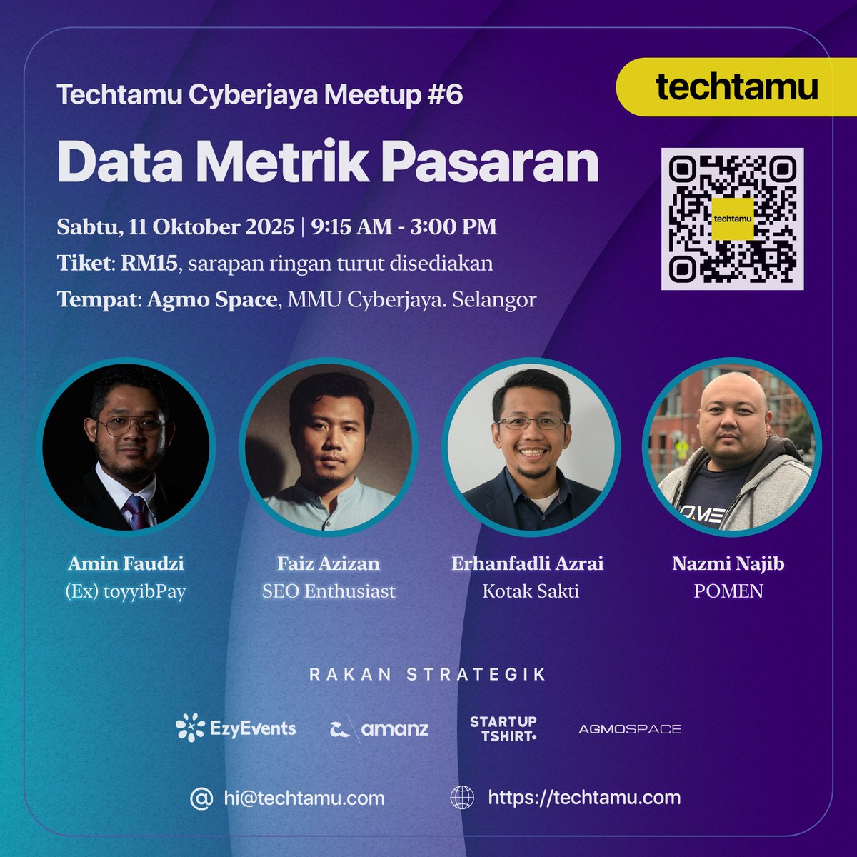 Techtamu Cyberjaya Meetup kembali lagi untuk siri ke-6 pada 11 Oktober 2025 (Sabtu) nanti, bermula jam 9:15 pagi hingga 3:00 petang, bertempat di Agmo Space, MMU Cyberjaya. Tiket RM15 sahaja termasuk sarapan ringan.

Tempat adalah terhad, tiket akan dibuka dalam masa terdekat.