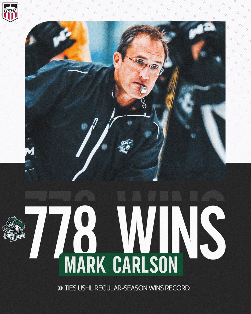 No. 778 ✅

<a href="/RidertownUSA/">Cedar Rapids RoughRiders</a> Head Coach Mark Carlson ties P.K. O'Handley for the most regular season wins in #USHL history!