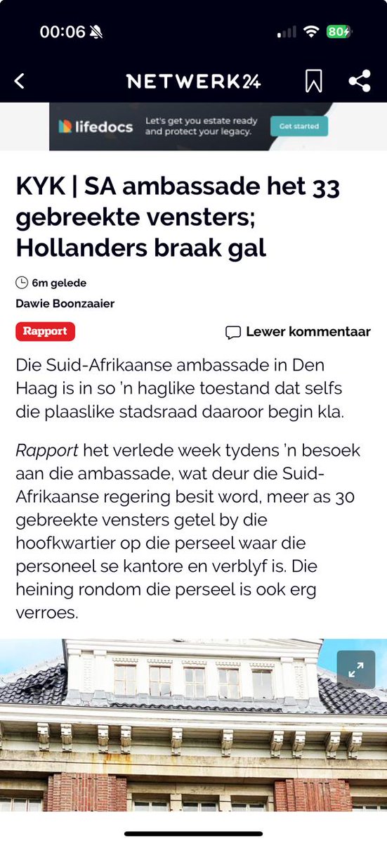 helenzille's tweet image. How is it that the ANC ruins everything it touches?  How can our beautiful embassy in Den Haag be so run-down?  How can any building end up with 30 broken windows unless there is malicious intent?  So many questions.  So much shame.