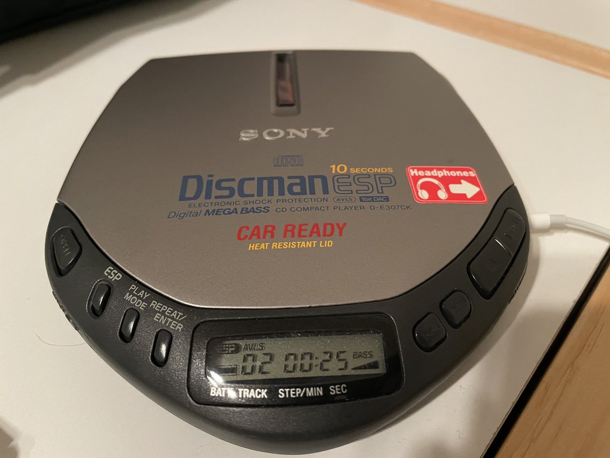 Had this 1997 Sony Discman (D-E307CK) in my car until I finally bought one with a CD player. Electronic Shock Protection (ESP) allowed 10 seconds of audio to be stored in a RAM buffer to mitigate interruptions due to the disc skipping; essential when driving on bumpy roads.