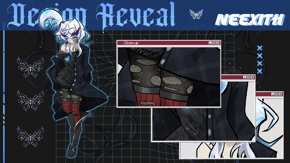 neexith_'s tweet photo. 🦋 FULL DESIGN REVEAL 🦋

YESSSS This is me! 
I'm excited to show you everything I'm working on with this new beginning!!

Credits: Self-made!

Shoutout to @antarteorite for helping with the graphics😭 https://t.co/sZU5Uk12Vz
